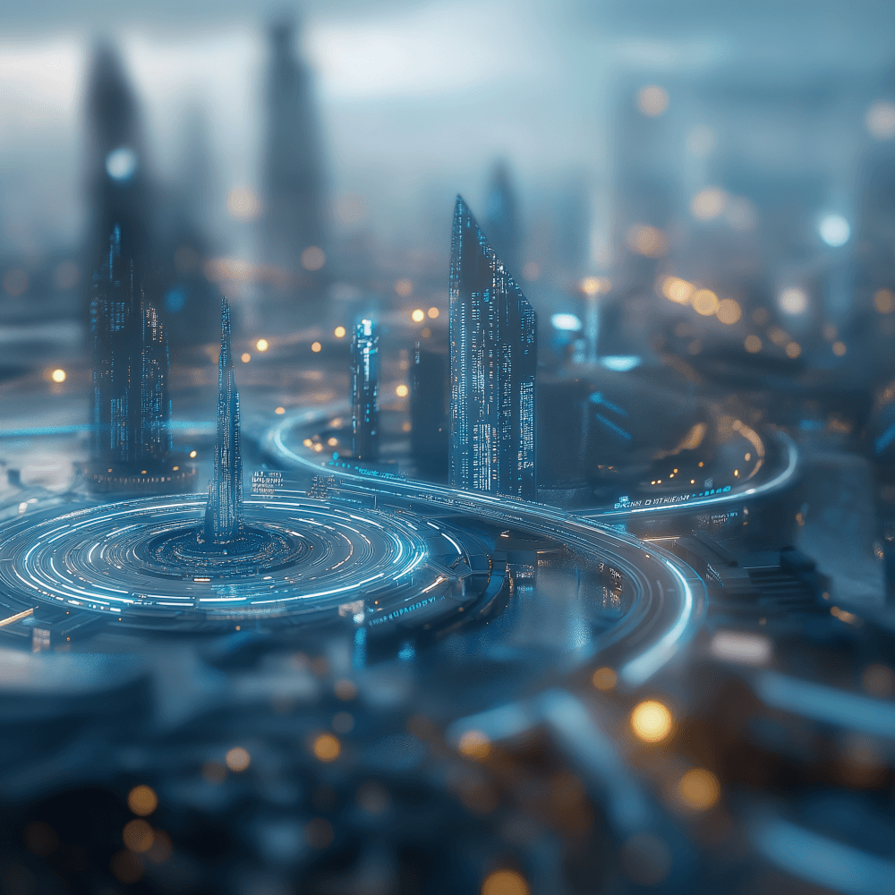 A bustling, intelligent city where AI agents manage resources and safety through consensual data exchange, representing stewardship over surveillance.