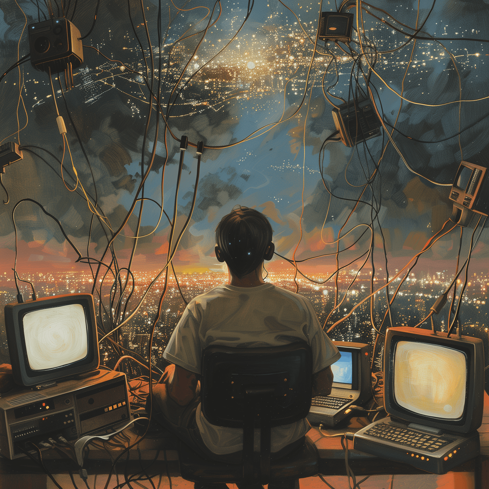 An artistic rendering of the birth of the internet, showing interconnected networks forming the basis of the modern web.