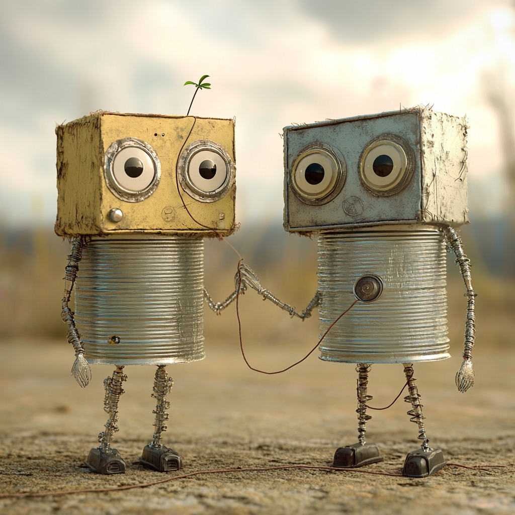 Two tin can-style robots communicating with a string, humorously illustrating the concept of AI agents communicating within trusted networks.