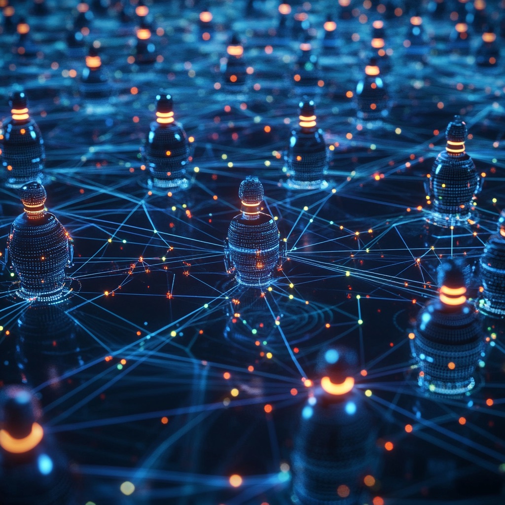 An 8K high-definition image of an internet network of billions of AI agents, representing the future of swarm intelligence.