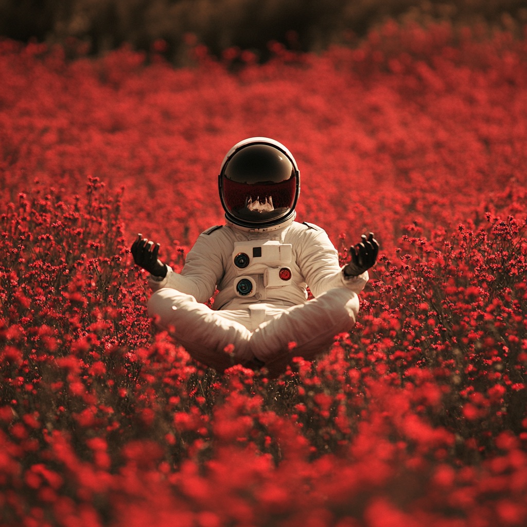 A photograph of an astronaut meditating and levitating, symbolizing the awakening of executable imagination and human potential.